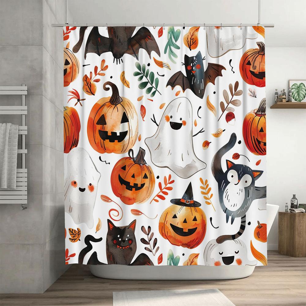 Halloween-themed shower curtains featuring pumpkin lanterns, ghosts, witches hats, cats, bats waterproof bathroom decor with fal