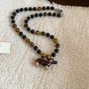 Women Stylish Choker Necklaces Natural Tiger Eye Stone Enamel Cartoon Dachshund Dog Pendant Beaded Strand Sweet Jewelry