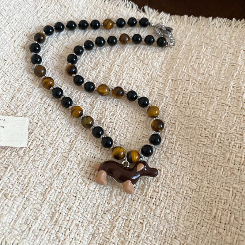 Women Stylish Choker Necklaces Natural Tiger Eye Stone Enamel Cartoon Dachshund Dog Pendant Beaded Strand Sweet Jewelry