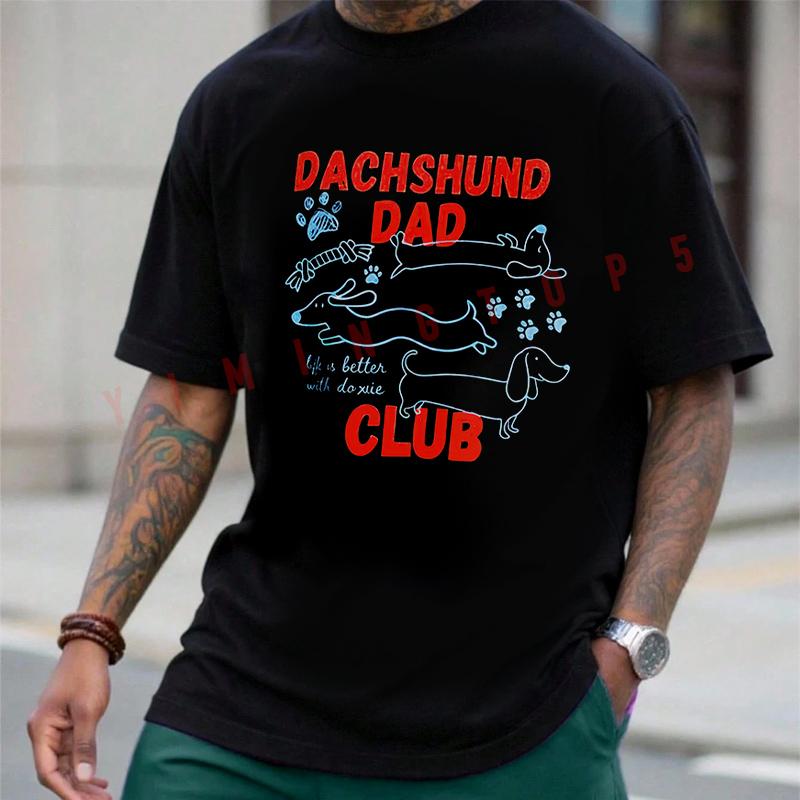 Dachshund Dad Club Graphic Motorcycle T-Shirt Cotton Men Summer Casual Short Sleeve Round Neck
