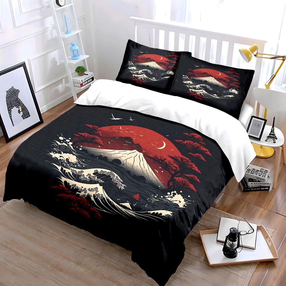 Red Sun and Waves Art Print Bedding Duvet Cover Set Duvet Cover Pillowcases  (1*Duvet Cover 2*Pillowcases, without duvet insert)
