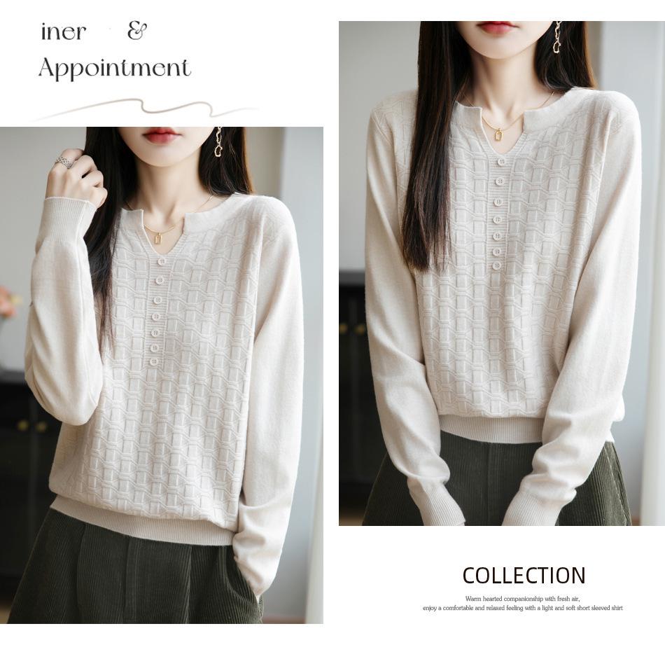 New Andy Velvet V-Neck Seven-Button Jacquard Knit Pullover: Stunning Autumn & Winter Women's Base Layer Shirt.
