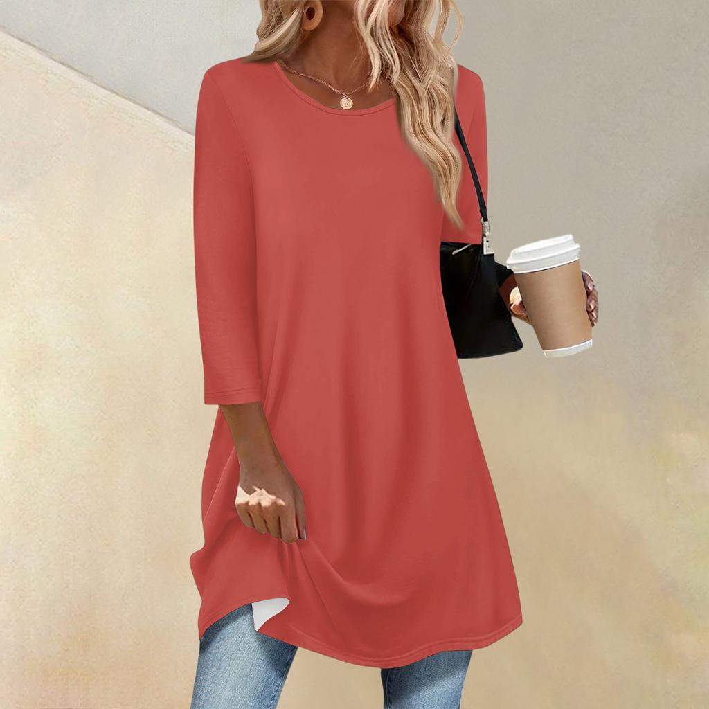 Women's Fashion Casual Three-quarter Sleeve Long Solid Color Round Neck Top