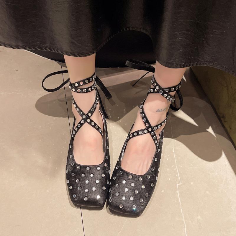 Ballet Flats Square Toe Rhinestone Crystal Decor Strap Summer Elegant Dress Black White Lace-up 2024 Women Shoes