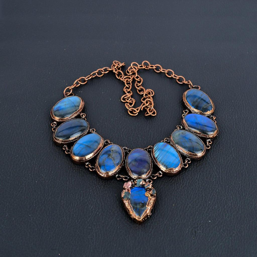 Labradorite Copper Electroformed Necklace with Adjustable Chain, Handmade Gemstone Jewelry Necklace For Memorial Day
