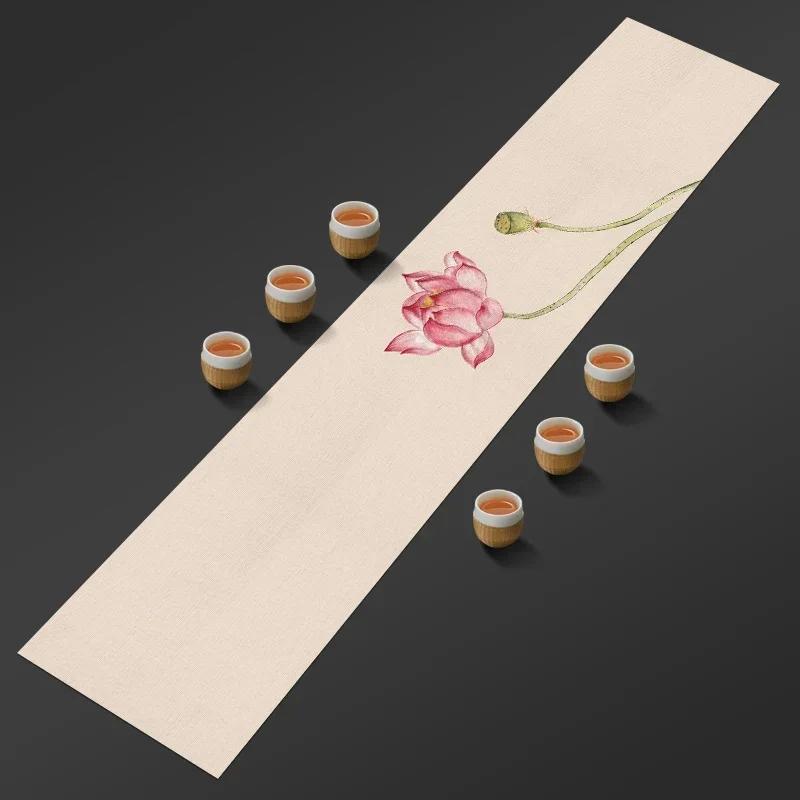 Chinese Lotus Pattern Table Runner Water-Repellent Coffee Table Cloth Decorative Cotton Linen Tea Mat Tea Ceremony Accessories