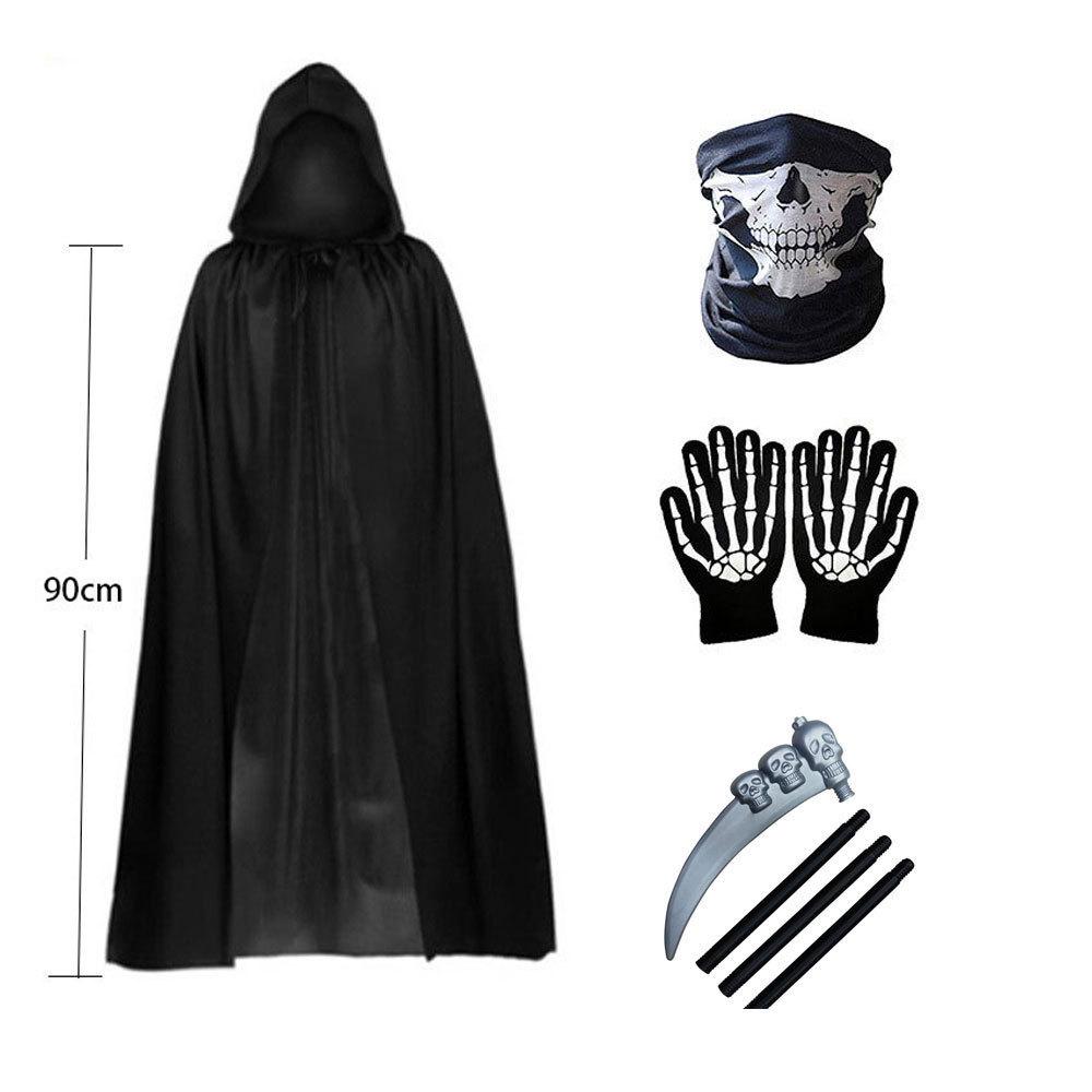 Set Costume Mietitore di Ossa di Halloween con Mantello Nero, Mantellina e Falce per Bambini e Adulti