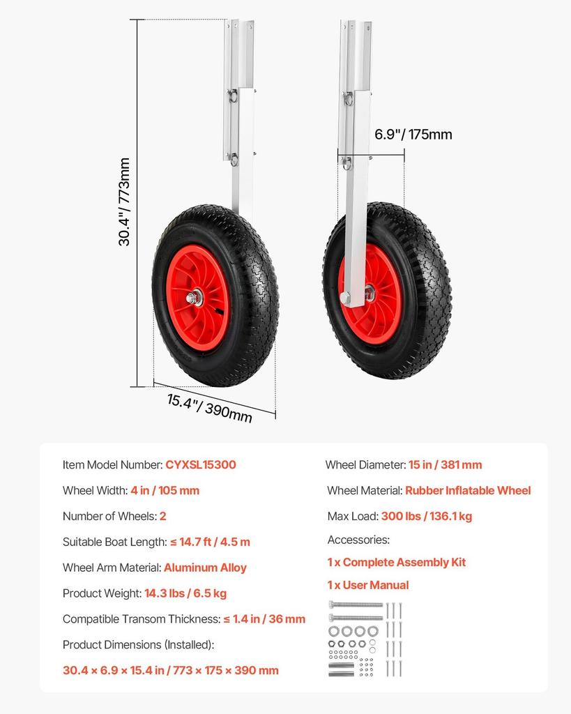 Boat Launching Wheels, 136.1 Kg Load Capacity, 381 Mm Aluminium Alloy Transom Wheel with Inflatable Rubber Tires, Folding Launch Wheels with 4 Quick