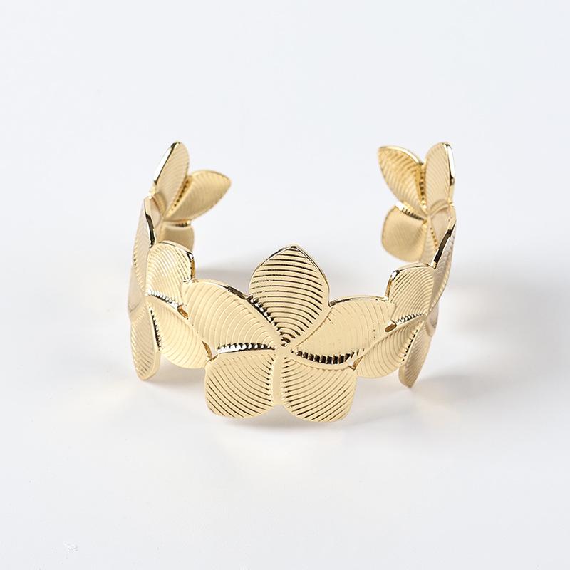 Trendy Double Flower Open Bangle Stainless Steel Women's Bracelet