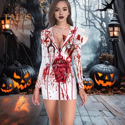 Halloween Women Dress Bloodstain Skeleton Spider Print V Neck Nurse Cosplay Long Sleeves Haunted House NPC Performance Costume