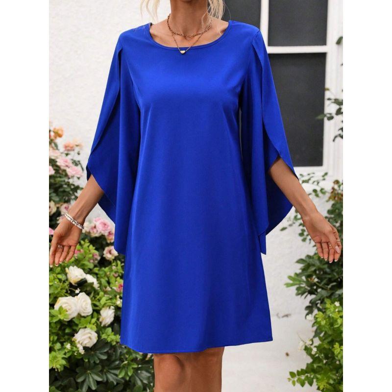 Spring and Summer New Fashion European and American Style round Collar, Blue Loose Casual Half Length Cape Sleeve Dress Dress Dress Dress