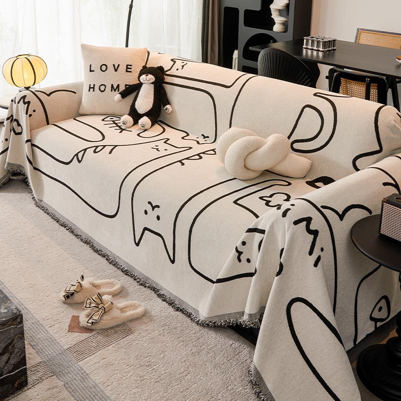 Chenille Sofa Throw Blanket - Non-Slip, Machine Washable, All-Season Couch Cover In Coffee Color with Tassel Detail - Ideal for Living Room, Bedroom