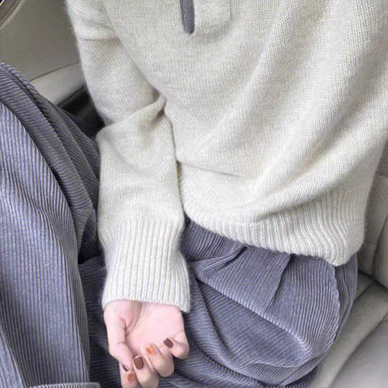 Women's Color-Block Polo Neck Wool Sweater - Autumn/Winter Loose Fit, Short Style Knit Lapel Top