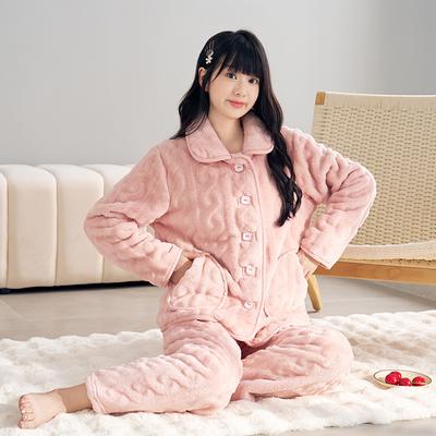 Plus Size Women's Dress with Cashmere and Thick Autumn and Winter Solid Color Long Sleeve Trousers Pajamas Set