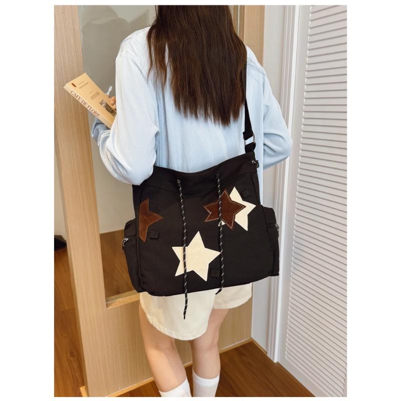 New Vintage Canvas Tote Bag for Women Star Decor Large Capacity Shoulder Crossbody Bag for Work Commute