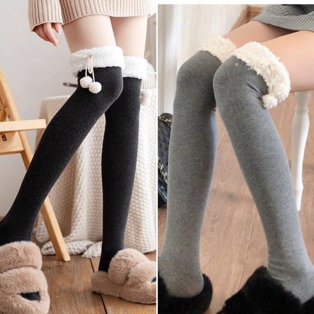 1 Pair Vertical Stripe Knee High Socks Lamb Fur Plush Stockings Cute Over Knee Socks  Autumn Winter
