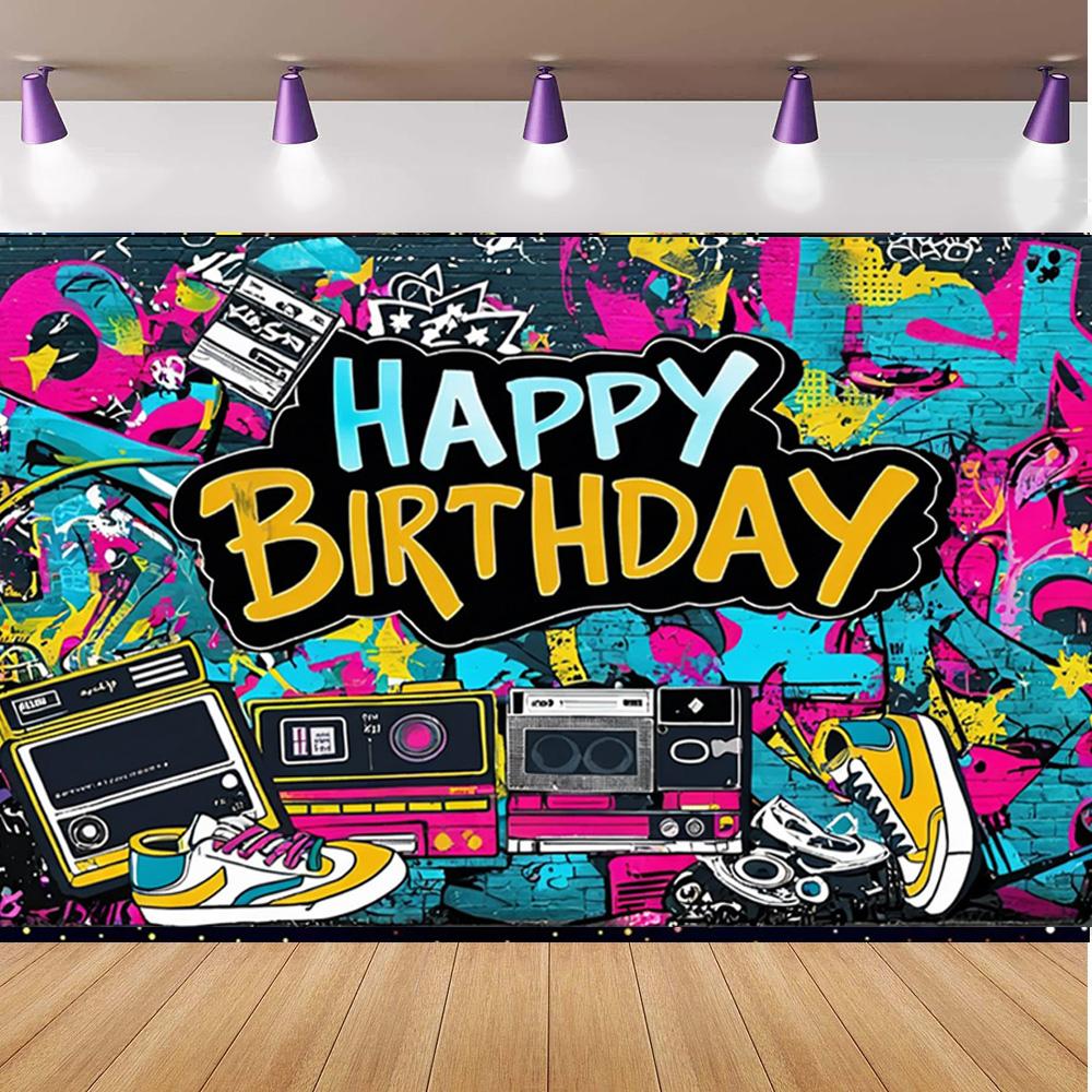 Retro Happy Birthday Backdrop Banner 180*110cm Vibrant Graffiti Guitar Design Urban Punk Theme Wall Decoration Photo Banner New