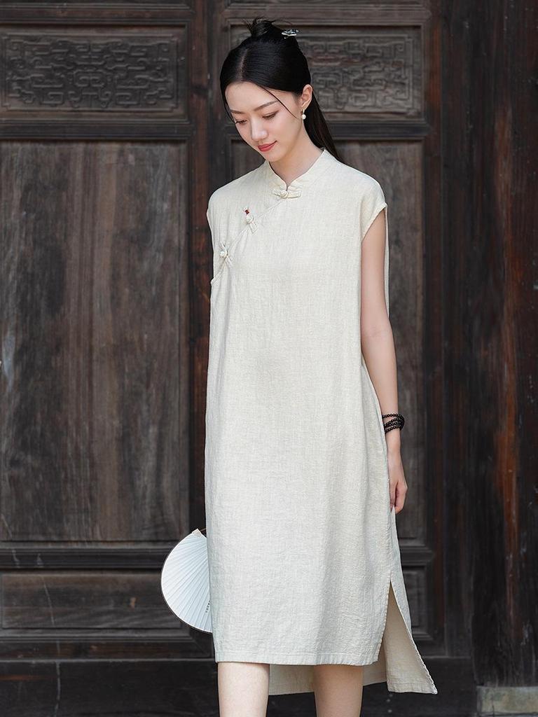 Spring 2026 Original Chinese Frog Button Cotton Linen Cheongsam Dress - Sleeveless, Stand Collar, Ramie Sand Wash