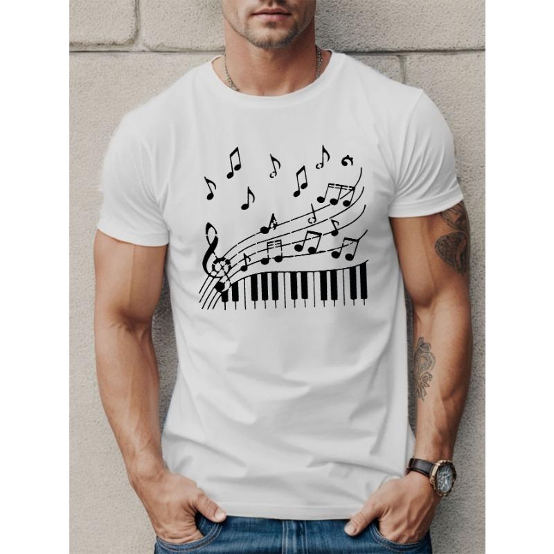 European sizes Men'S Casual Music Note Keyboard Graphic T-Shirt,Crew Neck Short Sleeve Top, Slight Stretch Knit Fabric, Regular Fit Summer Tee