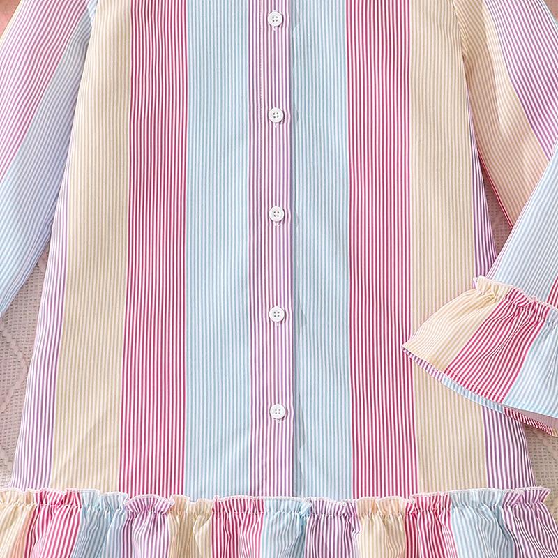 Girls' Dress Children's Clothing Autumn New Style Elegant Color Block Striped Long Sleeve Single-Breasted Shirt Dress