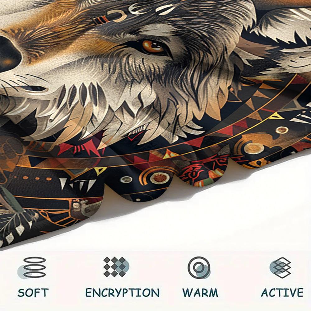 Primitive Wolf Print Flannel Blanket, High quality Comfortable for All Seasons, Home Decor, Warmth and Comfort, Perfect for Christmas Gifts
