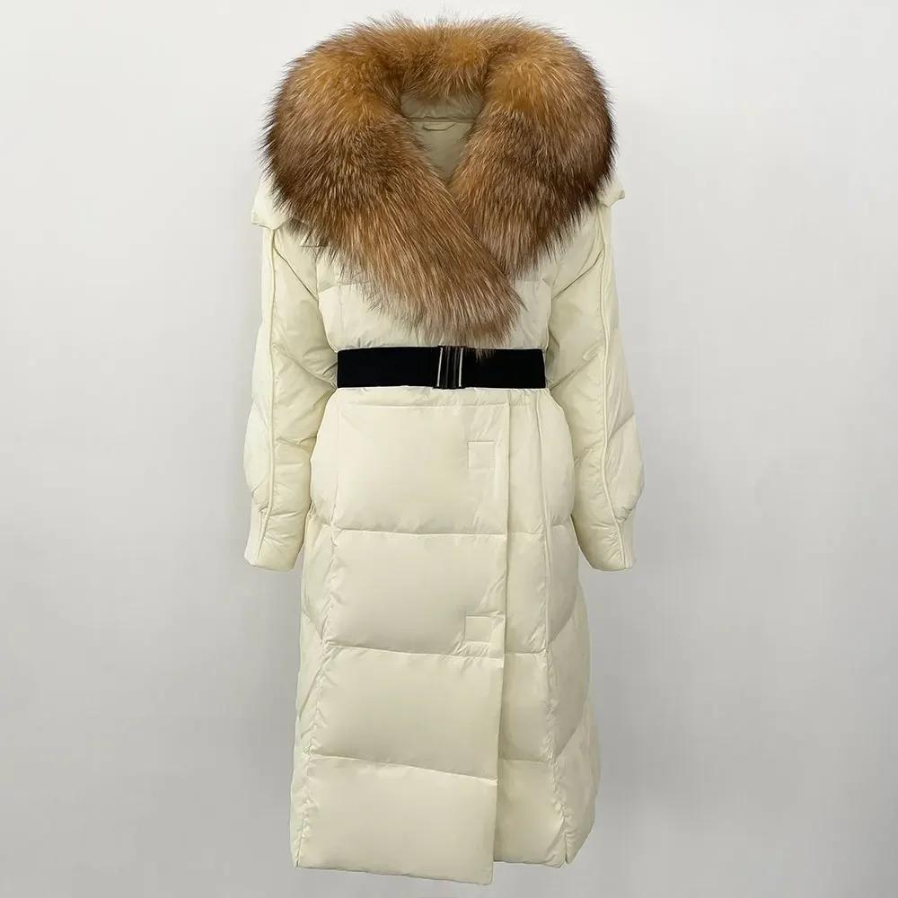 OFTBUY Winter Jacket Women Long Natural Real Raccoon Fox Fur Collar White Duck Down Coat Belt Thick Warm Casual Outerwear