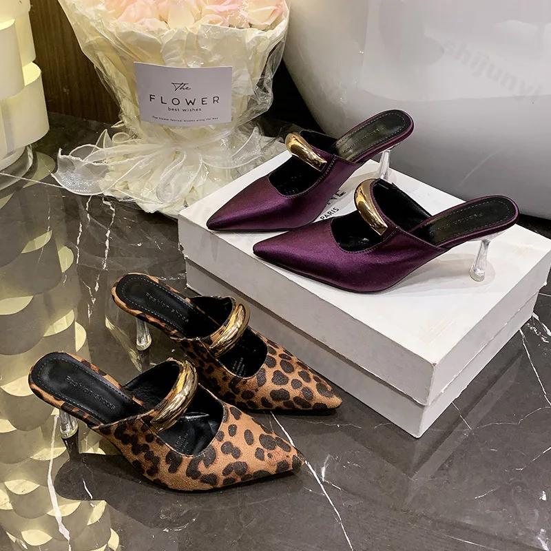 Leopard Women High Heels Slippers Summer New 2026 Pointed Toe Heeled Shoes Mules Sexy Sandals Trend Party Pumps Woman Zapatos