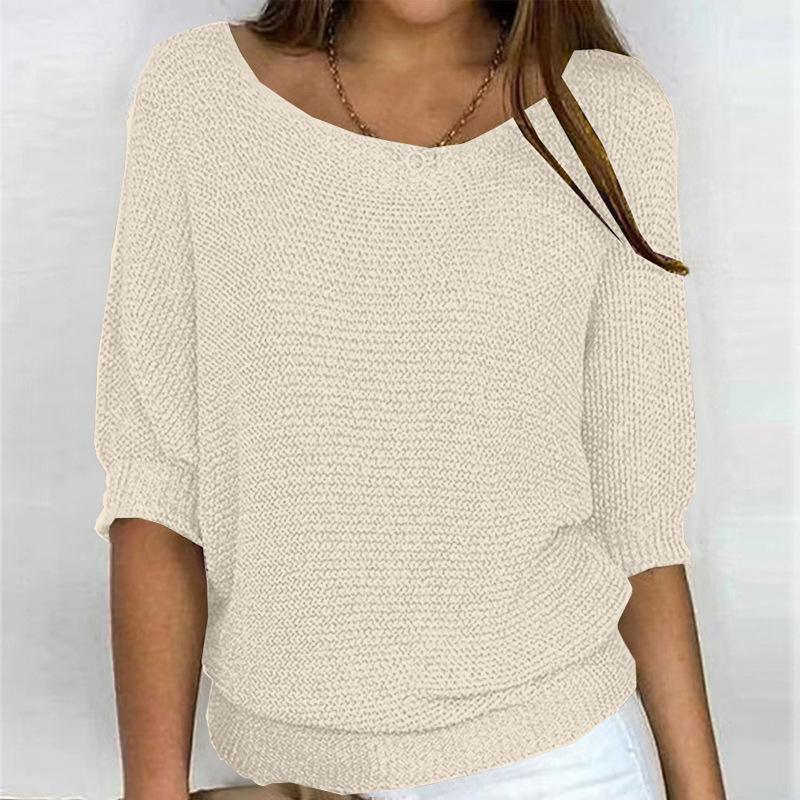 Women's Spring/Autumn Solid Color Round Neck Knitted Sweater, Plus Size, Elegant 3/4 Sleeve Top for Work