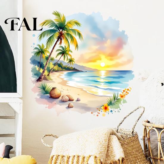Arte da Parete Scena Balneare per Soggiorno Tramonto Palma Costa Adesivo, Adesivo Paesaggio Estivo Acquerello, Adesivo Cocco Camera da Letto Tropicale per Bambini