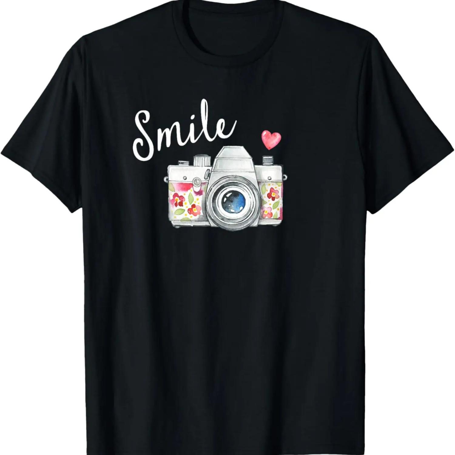 

Vintage Camera T Shirt, Smile Quote Flower Design for Girls T-Shirt S чёрный