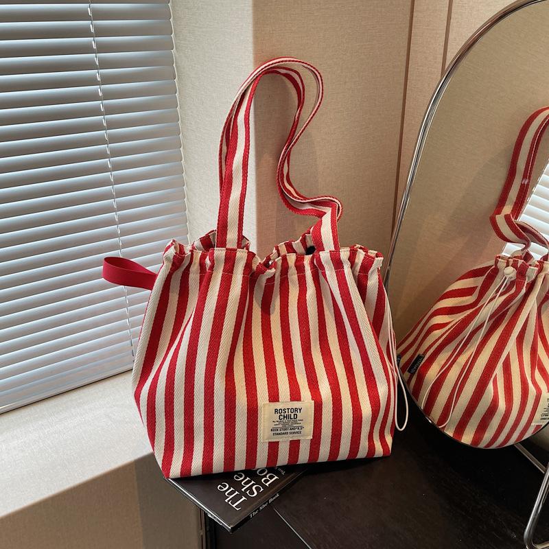 Large Capacity Striped Tote Bag Women's 2025 Fashion Commuter Double-sided Canvas Bag Korean Simple Shoulder Oblique Span Bag