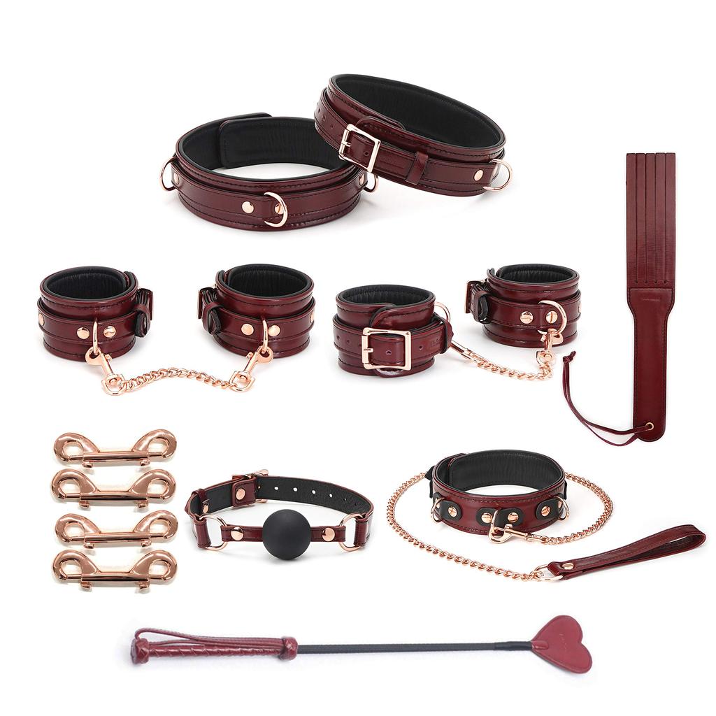Liebe Seele SM Goods Restraints 8 Piece Set Wine Red Luxury Genuine Leather Training Queen M (Thigh Shackles Size)