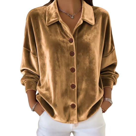 Women Shirt Lapel Long Sleeve Velvet Texture Solid Color Shirt Tops Loose Fit Buttons Placket Commuter Tops Work Wear