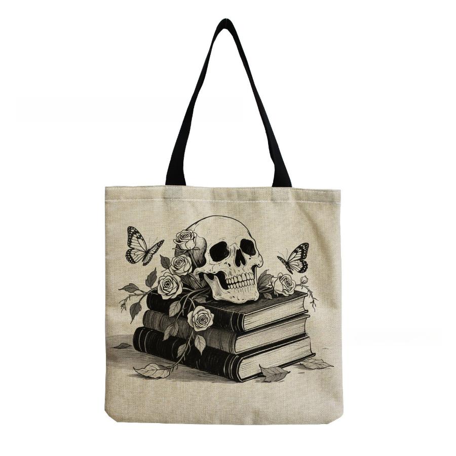 Women Vintage Linen Tote Bag - Large Capacity Skeleton Print Shoulder Handbag for Casual & Grocery Shopping KTB
