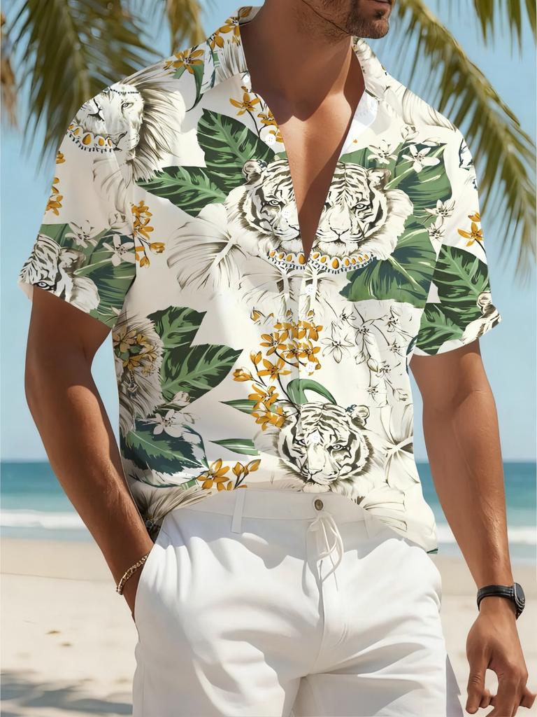 Men's White Tiger Tropical Floral Print Short Sleeve Shirt Casual Hawaiian Button Down Shirts For Men Beach Vacation Wear