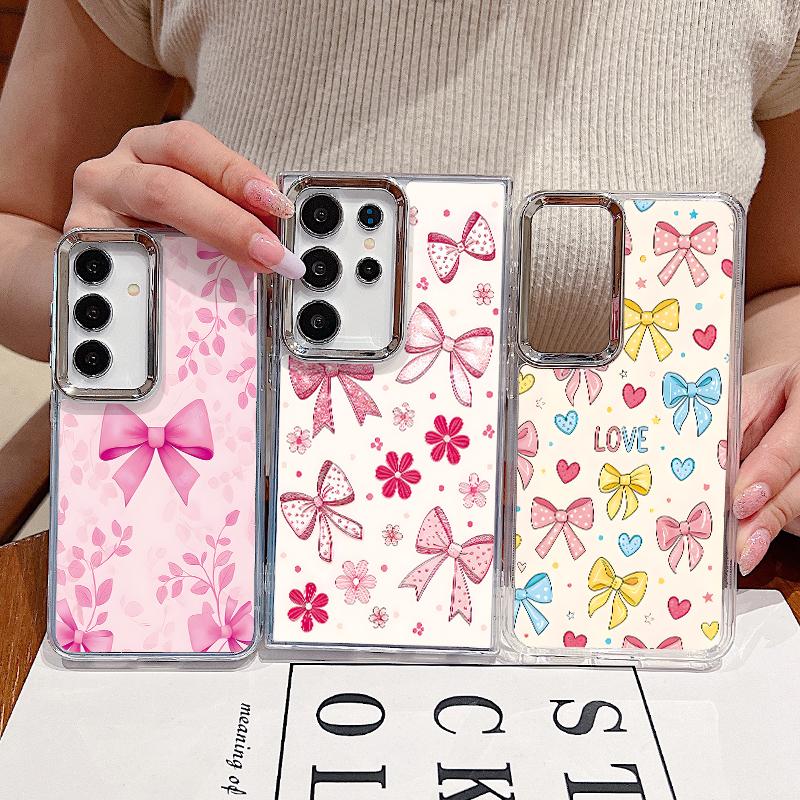 Cute Cartoon Bowknots Print Case For Samsung S26 S25 Ultra S24 FE S23 Plus S22 S21 A15 A16 A17 A35 A36 A37 A54 A55 A56 A57 5G Plating Lens Soft Cover