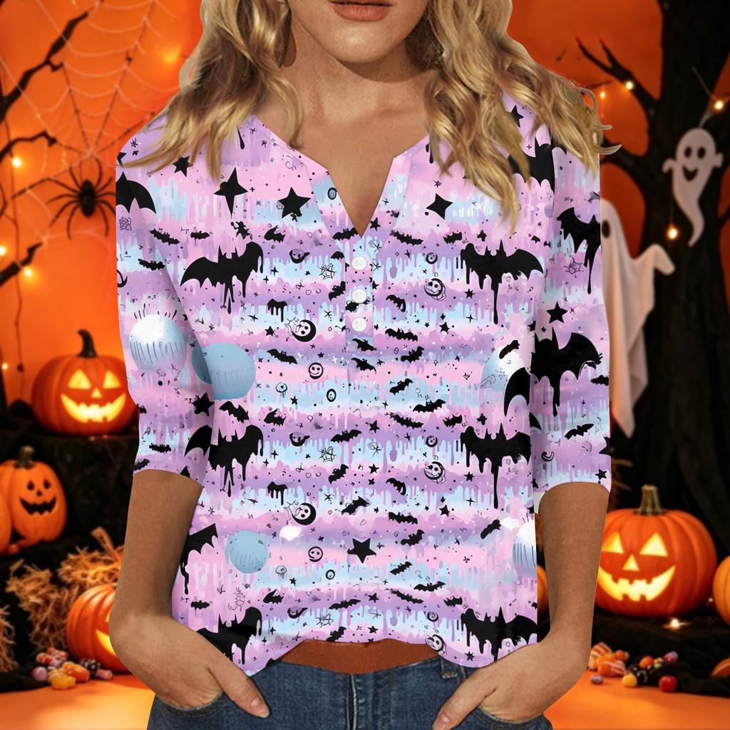 Women's Halloween Print V-Neck Short Sleeve T-Shirt with Decorative Buttons for Casual Fall Outfits