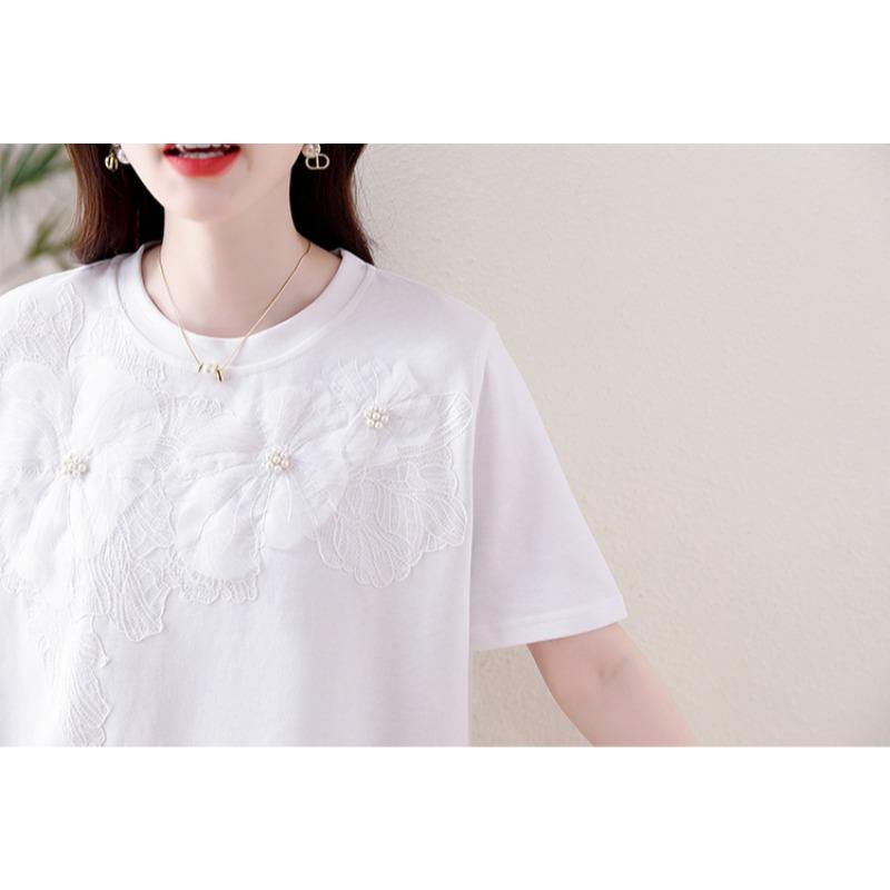 Dimanaf 2025 Summer Women Plus Size Basic T-Shirt Vintage Fashion Casual Loose Flower Lace Tops Tees Oversized