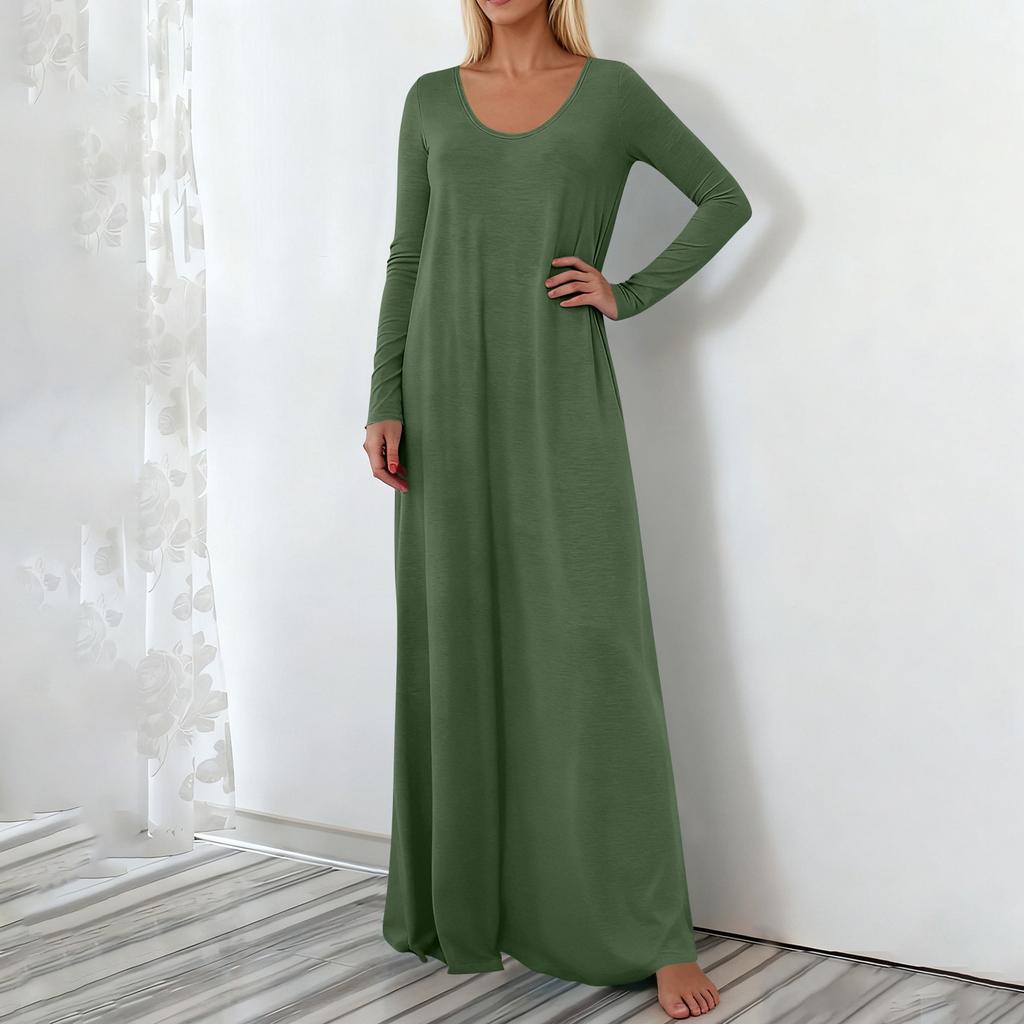 Damen Modisches Einfarbiges V-Ausschnitt Langarm Lässiges Locker Sitzendes Überziehkleid Lang