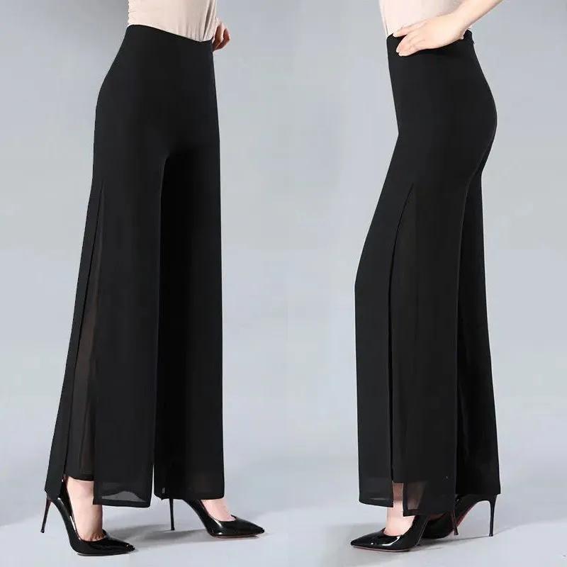 Calças de verão de chiffon, cintura alta, saia de gaze solta, shuai ku, calças casuais retas, com fenda, calças de perna larga femininas