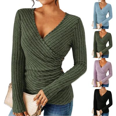 Women's Casual Versatile V Neck Solid Color Lapel Slim Fit Long Sleeved Top Loose Long Sleeved Top