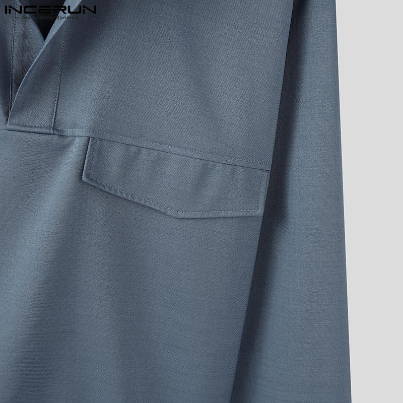 INCERUN Men Stand Neck Long Sleeve Solid Color Casual Loose Shirts Tops