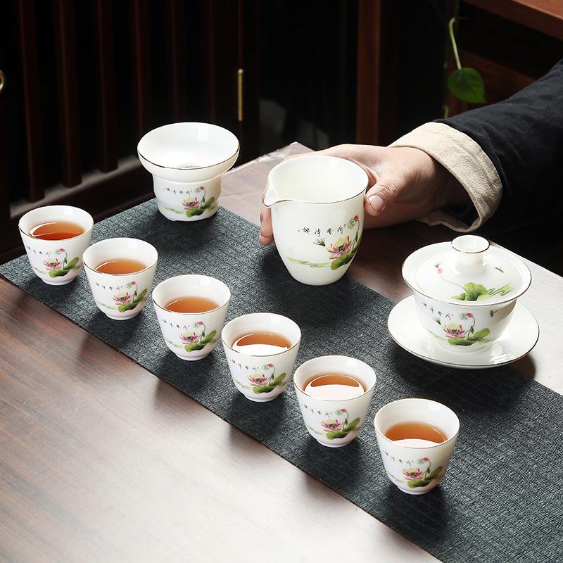 Good value goods suet jade porcelain kung fu tea set business merchandise gifts can be done
