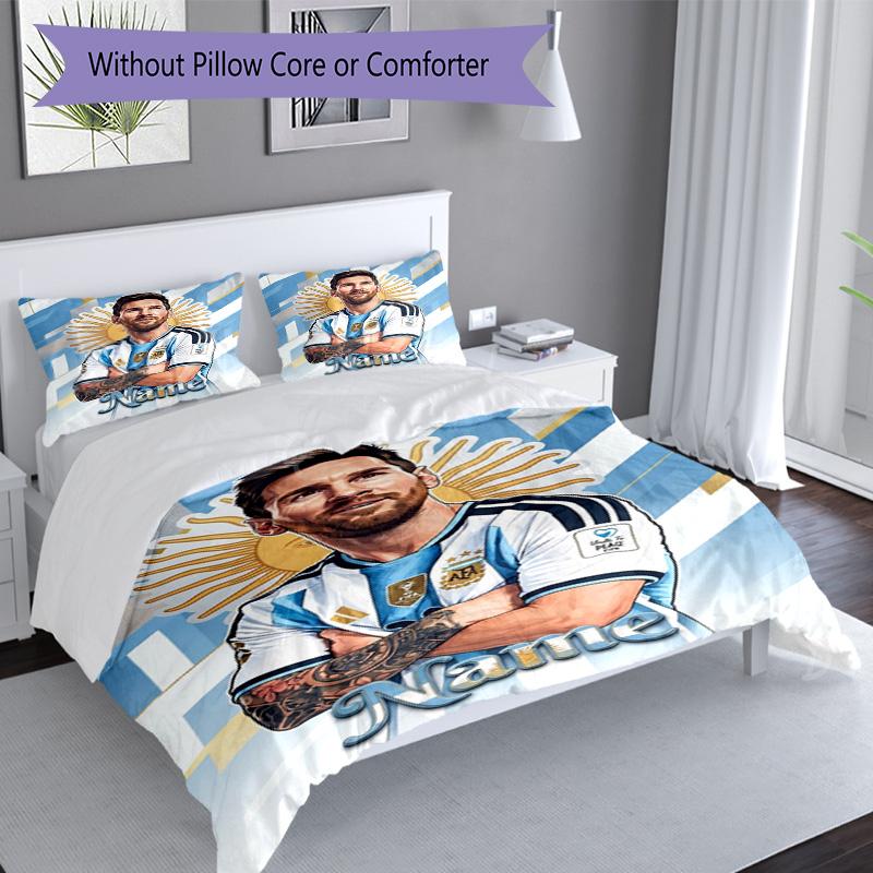 Messi Argentina Football Legend Personalized Name Bedding Set,Premium Bed Linen for Bedroom Home Decoration,Perfect Collectible Gift for Messi Fans,Ea