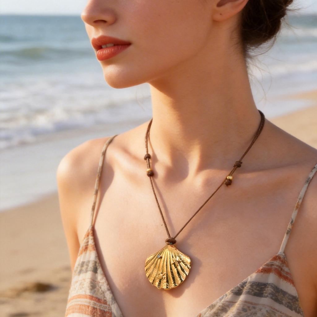 Summer Seaside Vacation Women'S Essential Accessories, Ocean Wind Shell Wax Rope Necklace, Stainless Steel Jewelry 2652