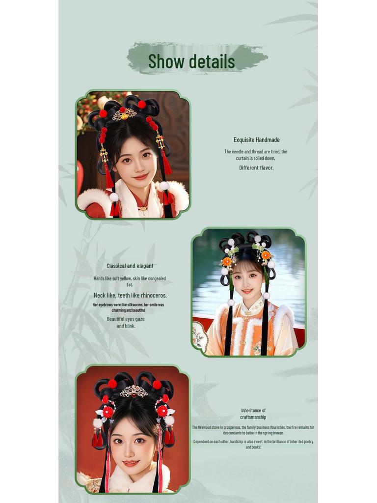 Ancient Hanfu Wig Accessory Set: Sweet Hair Bun with Tassel Flower Headdress for Women