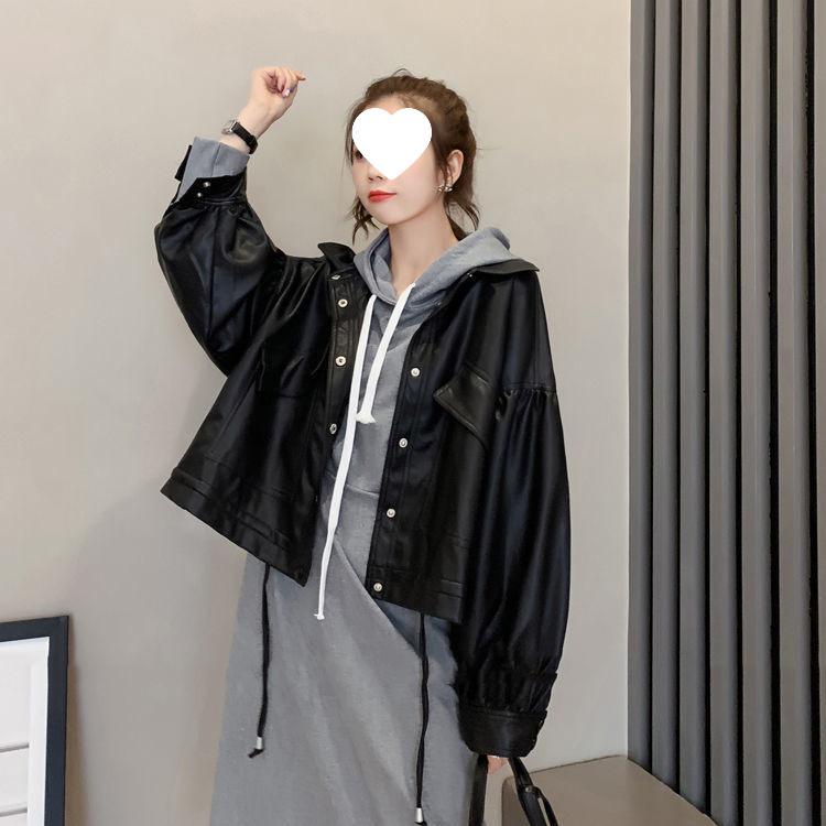 Women's Fashionable Loose Leather Motorcycle Jacket with Shirt Collar and Drawstring - Korean Style