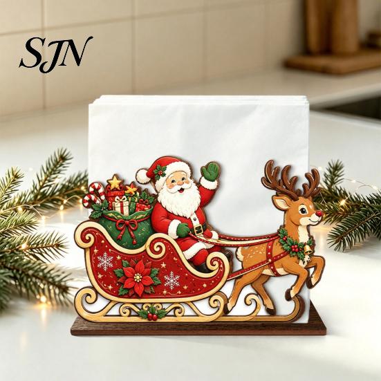 Holiday Party Supplies Christmas Wooden Tissue Holder, Napkin Dispenser with Santa Gingerbread House Elk Table Decor Pattern, Decorative Organizer for
