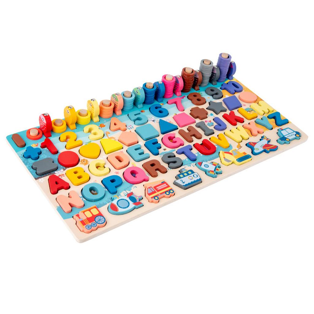 Wooden Alphabet Number Shape Puzzles Educational Traffic Theme Bright Color Fishing Game Puzzle