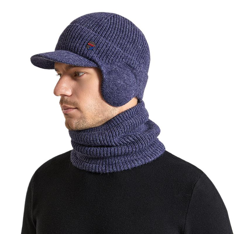 Winter warm ear protection hat scarf set plush wool hat men's European and American pullover knitted hat